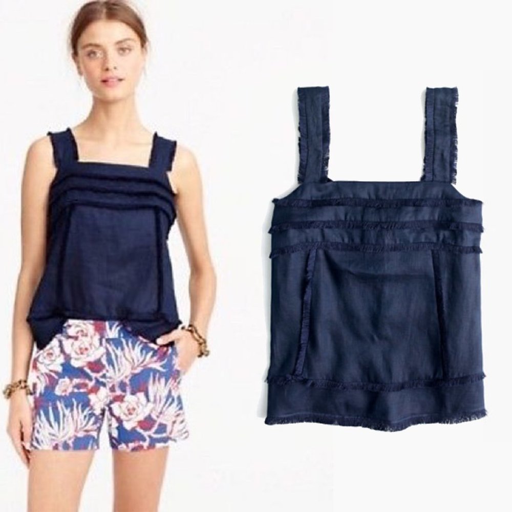 J. Crew Blue Linen Tank Top With Fringe S